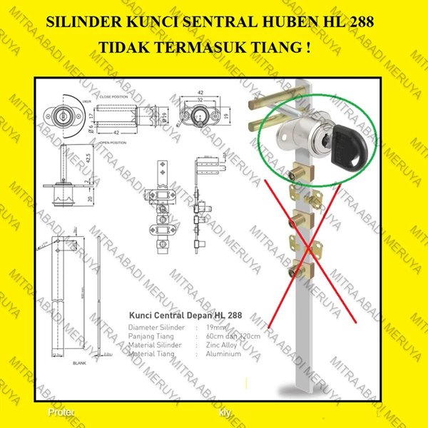 Kunci Sentral Depan Central Lock HL 288 HUBEN (Silinder) Fitting dan Hardware perabotan