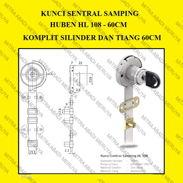 Kunci Sentral Samping Central Lock HL 108 - 60cm HUBEN (Komplit) Fitting dan Hardware Perabotan