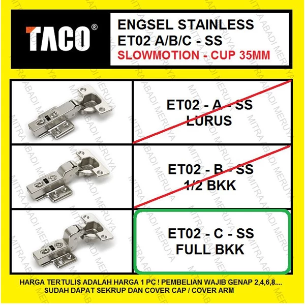 Engsel Sendok Stainless TACO ET02-C Full Bkk Engsel Stainless Fitting dan Hardware Perabotan