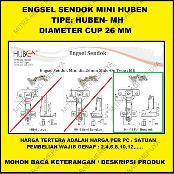 Engsel Pintu Lemari Engsel Sendok Mini HUBEN MH-16 Fitting dan Hardware Perabotan
