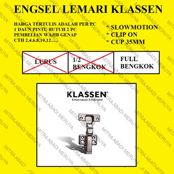 Engsel Lemari KLASSEN 3337 - Full Bengkok Fitting dan Hardware PerabotanEngsel Lemari KLASSEN 3337 - Full Bengkok Fitting dan Hardware Perabotan