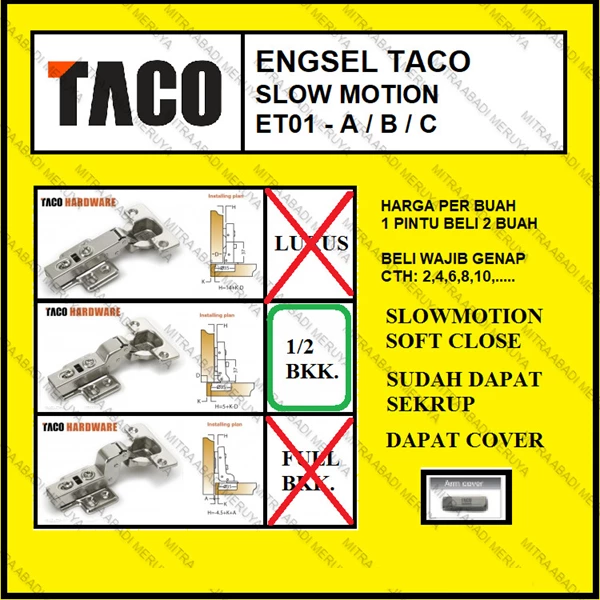 Engsel lemari TACO HPL engsel sendok TACO ET01 - B (1/2 Bkk.) Fitting dan Hardware Perabotan