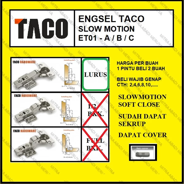 Engsel lemari TACO HPL engsel sendok TACO ET01 - A (Lurus) Fitting dan Hardware Perabotan