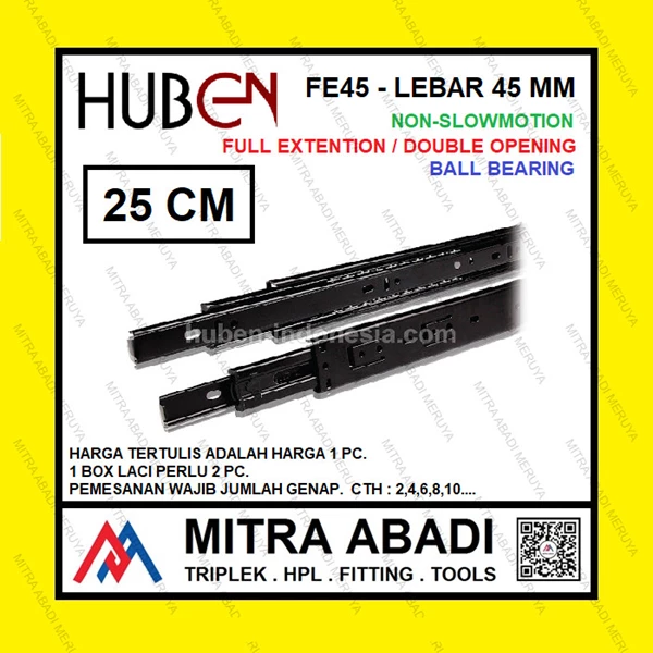 Rel Laci HUBEN 25 cm Double Track / Full Extension / Ball Bearing FE45 Fitting dan Hardware Perabotan