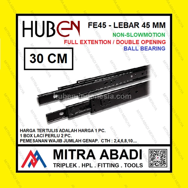 Rel Laci HUBEN 30 cm Double Track / Full Extension / Ball Bearing FE45 Fitting dan Hardware Perabotan