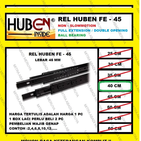 Rel Laci HUBEN 40 cm Double Track / Full Extension / Ball Bearing FE45 Fitting dan Hardware Perabotan