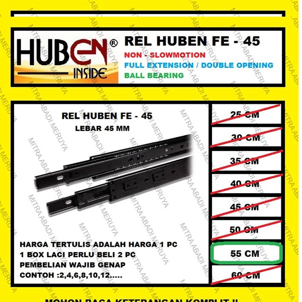 Rel Laci HUBEN 55 cm Double Track / Full Extension / Ball Bearing FE45 Fitting dan Hardware Perabotan