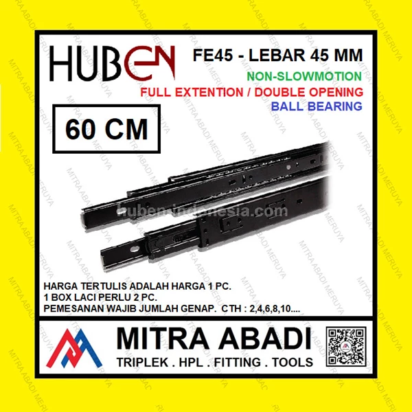 Rel Laci HUBEN 60 cm Double Track / Full Extension / Ball Bearing FE45 Fitting dan Hardware Perabotan