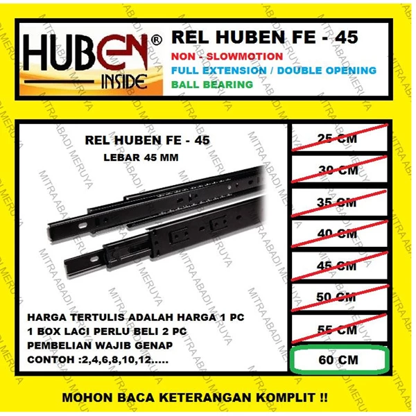 Rel Laci HUBEN 60 cm Double Track / Full Extension / Ball Bearing FE45 Fitting dan Hardware Perabotan
