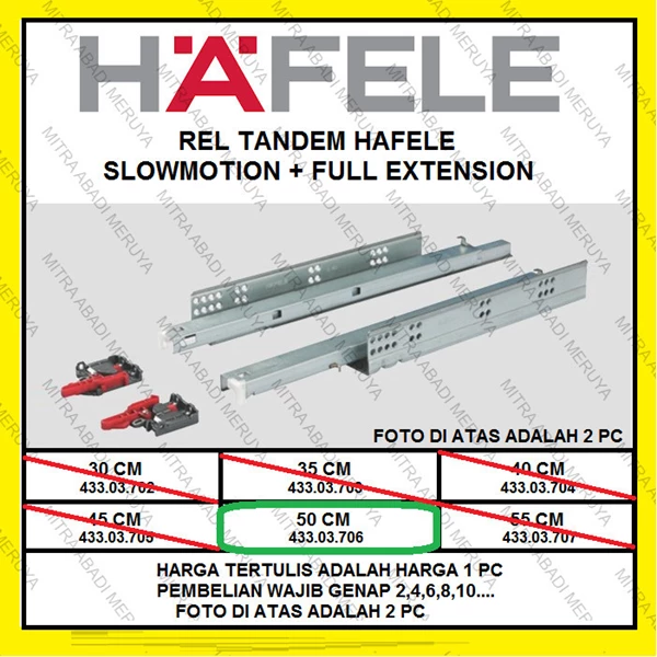Rel Laci Hafele Rel Tandem Hafele 50cm Full Ext. Slowmotion Drawer Fitting dan Hardware Perabotan