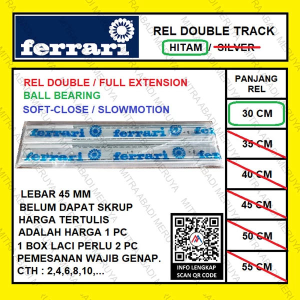 Rel Laci Slowmotion FERRARI 45mm - 30cm Rel Laci Dobel Full Extension Fitting dan Hardware Perabotan