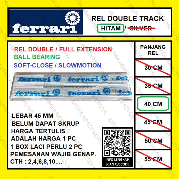 Rel Laci Slowmotion FERRARI 45mm - 40cm Rel Laci Dobel Full Extension Fitting dan Hardware Perabotan