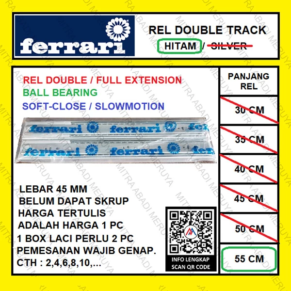 Rel Laci Slowmotion FERRARI 45mm - 55cm Rel Laci Dobel Full Extension Fitting dan Hardware Perabotan