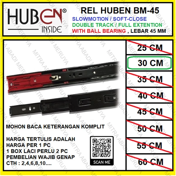 Rel Laci HUBEN Slowmotion 30 cm Full Extension BM-45 Fitting dan Hardware Perabotan