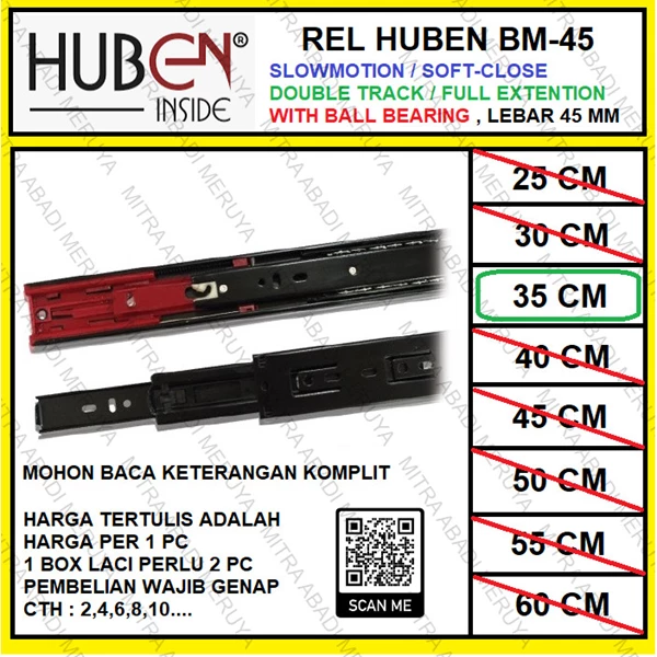 Rel Laci HUBEN Slowmotion 35 cm Full Extension BM-45 Fitting dan Hardware Perabotan