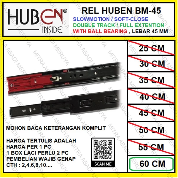 Rel Laci HUBEN Slowmotion 60 cm Full Extension BM-45 Fitting dan Hardware Perabotan