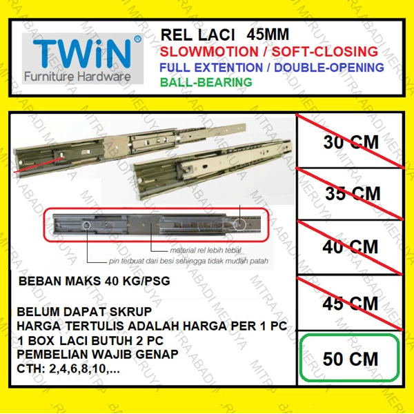Rel Laci Slowmotion Twin 45mm - 50cm Rel Laci Dobel Full Extension Fitting dan Hardware Perabotan