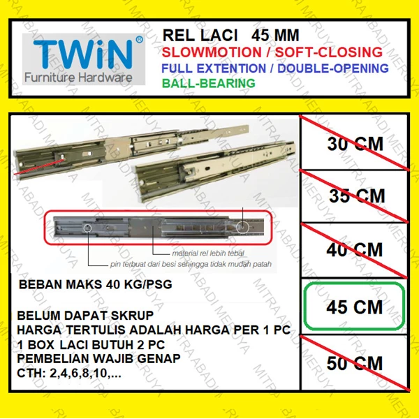 Rel Laci Slowmotion Twin 45mm - 45cm Rel Laci Dobel Full Extension Fitting dan Hardware Perabotan