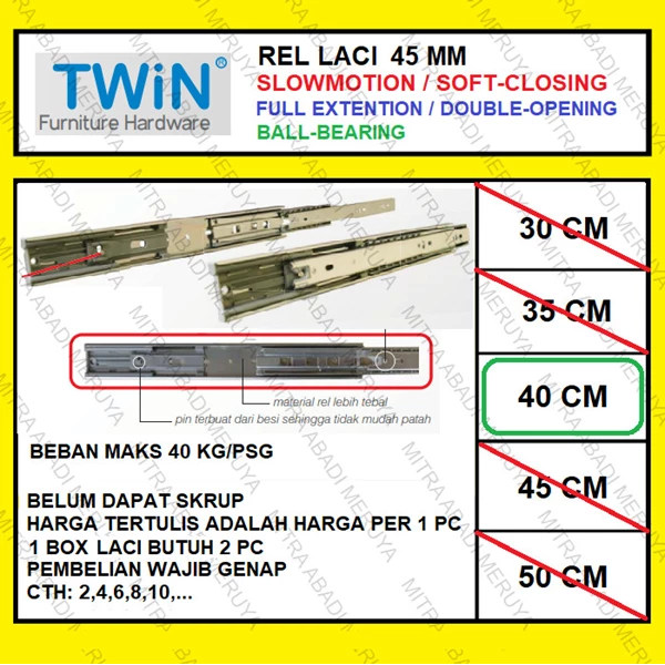 Rel Laci Slowmotion Twin 45mm - 40cm Rel Laci Dobel Full Extension Fitting dan Hardware Perabotan