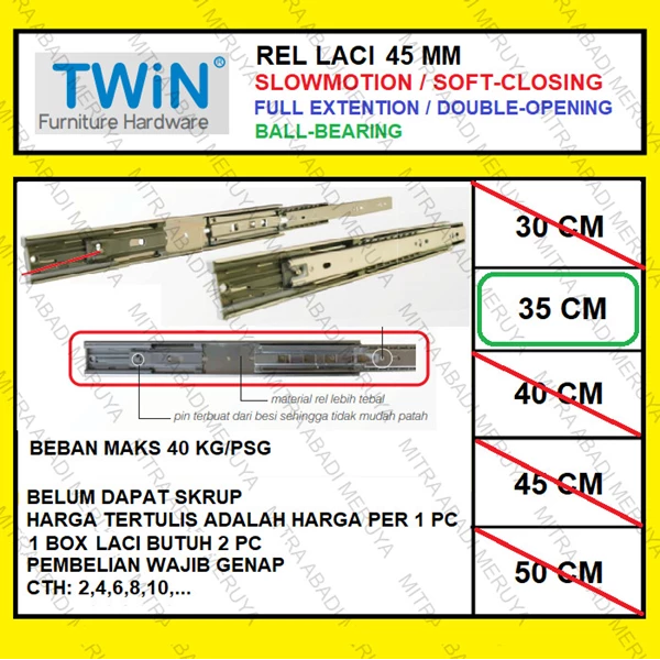 Rel Laci Slowmotion Twin 45mm - 35cm Rel Laci Dobel Full Extension Fitting dan Hardware Perabotan