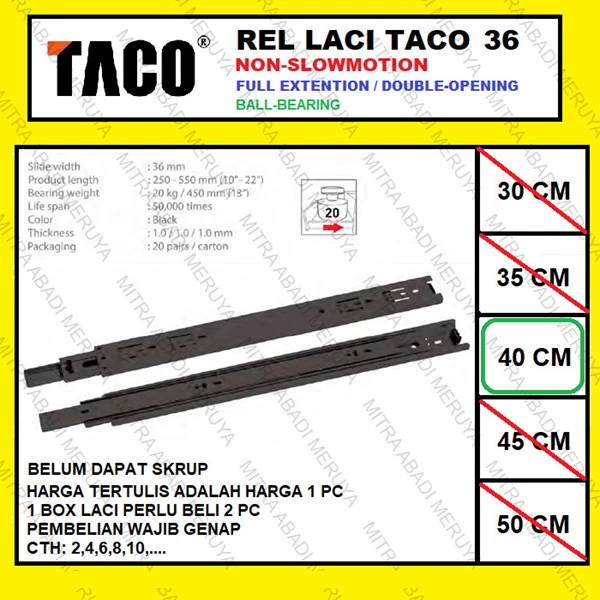 Rel Laci TACO 36mm - 40cm Rel Laci Dobel Full Extension Fitting dan Hardware Perabotan