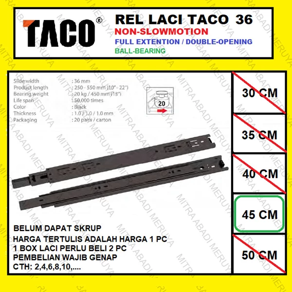 Rel Laci TACO 36mm - 45cm Rel Laci Dobel Full Extension Fitting dan Hardware Perabotan