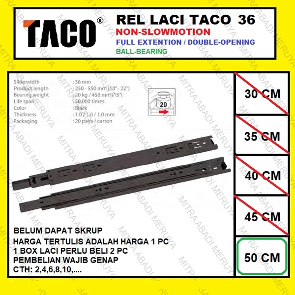 Rel Laci TACO 36mm - 50cm Rel Laci Dobel Full Extension Fitting dan Hardware Perabotan