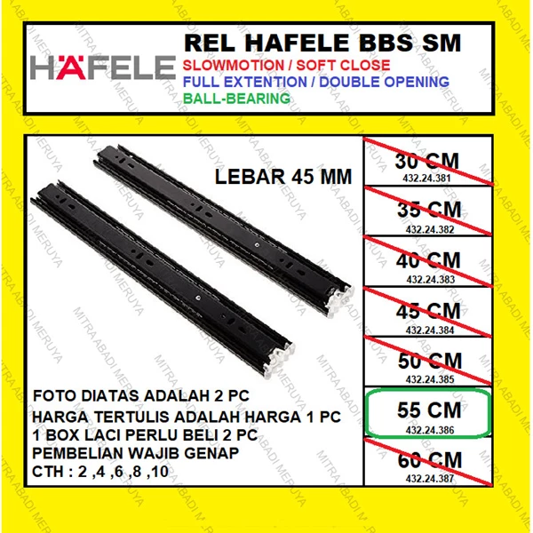 Rel Laci HAFELE Slowmotion 55 cm Full Extension Ball Bearing Slide Fitting dan Hardware Perabotan