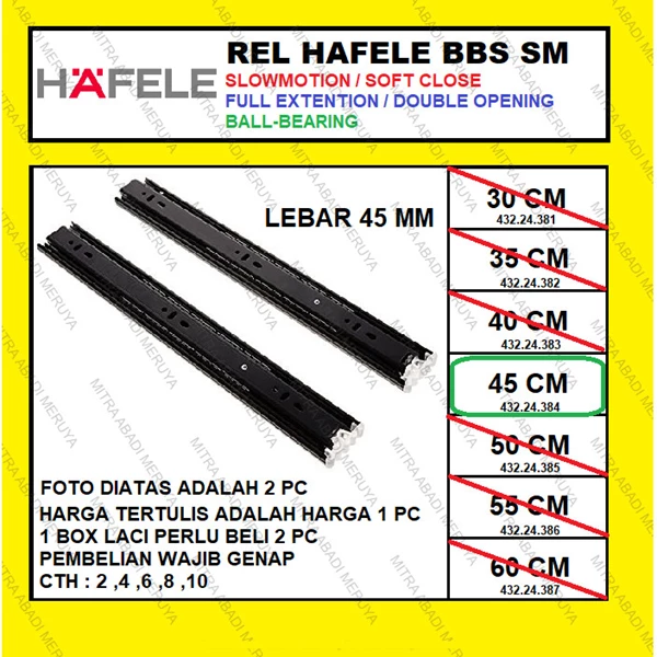 Rel Laci HAFELE Slowmotion 45 cm Full Extension Ball Bearing Slide Fitting dan Hardware Perabotan