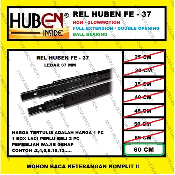 Rel Laci HUBEN 60 cm Double Track / Full Extension / Ball Bearing FE37 Fitting dan Hardware Perabotan