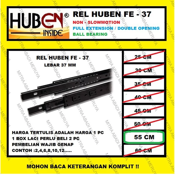 Rel Laci HUBEN 55 cm Double Track / Full Extension / Ball Bearing FE37 Fitting dan Hardware Perabotan