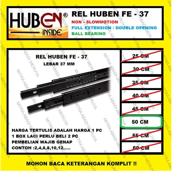Rel Laci HUBEN 50 cm Double Track / Full Extension / Ball Bearing FE37 Fitting dan Hardware Perabotan
