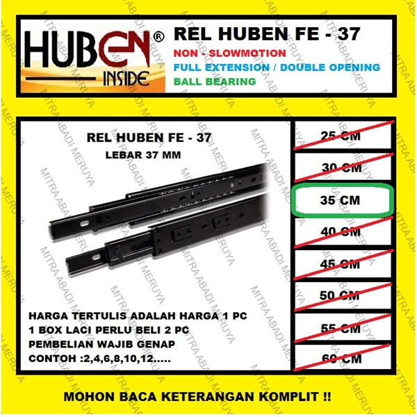 Rel Laci HUBEN 35 cm Double Track / Full Extension / Ball Bearing FE37 Fitting dan Hardware Perabotan