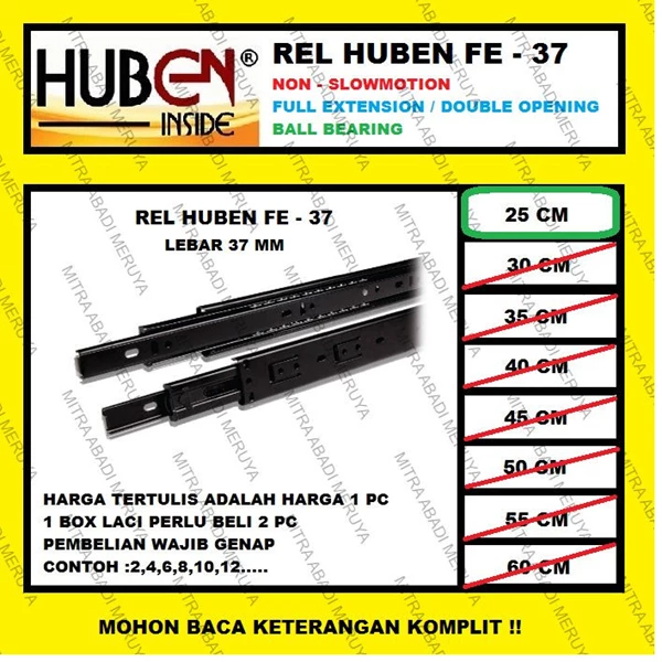 Rel Laci HUBEN 25 cm Double Track / Full Extension / Ball Bearing FE37 Fitting dan Hardware Perabotan
