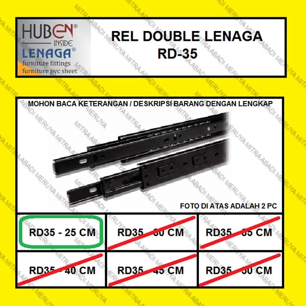 Rel Laci Double Track Full Extension LENAGA by HUBEN RD35 - 25 CM Fitting dan Hardware Perabotan