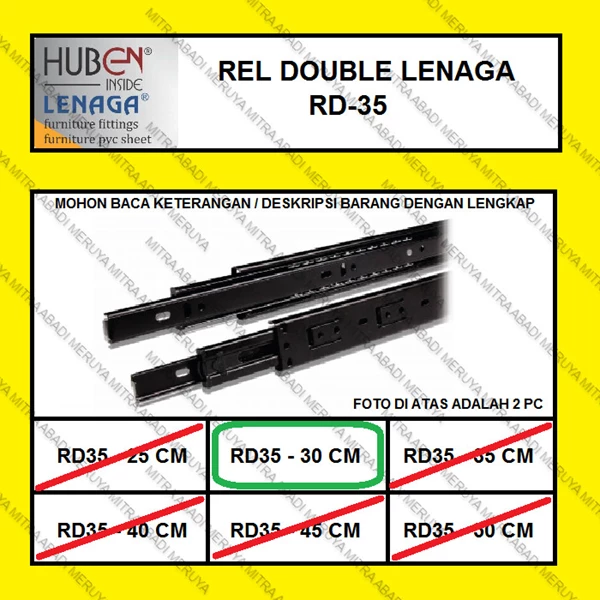 Rel Laci Double Track Full Extension LENAGA by HUBEN RD35 - 30 CM Fitting dan Hardware Perabotan