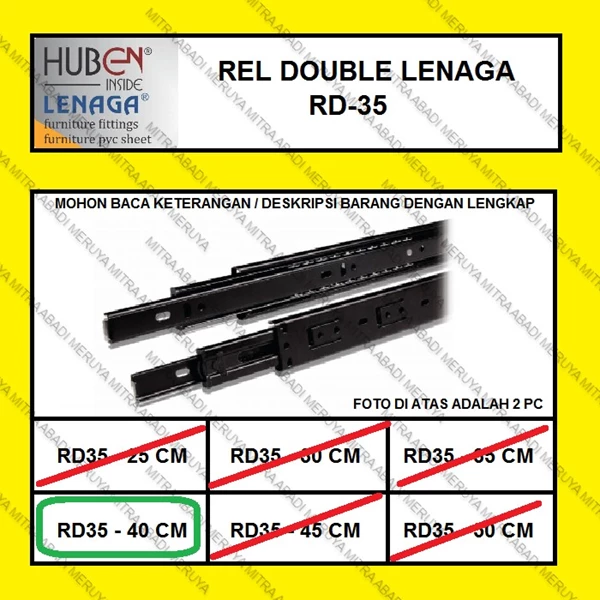 Rel Laci Double Track Full Extension LENAGA by HUBEN RD35 - 40 CM Fitting dan Hardware Perabotan