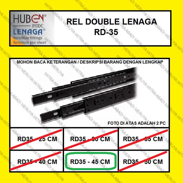 Rel Laci Double Track Full Extension LENAGA by HUBEN RD35 - 45 CM Fitting dan Hardware Perabotan