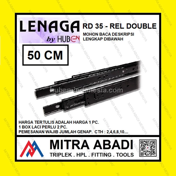 Rel Laci Double Track Full Extension LENAGA by HUBEN RD35 - 50 CM Fitting dan Hardware Perabotan