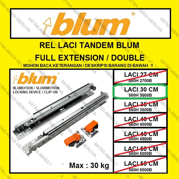 Rel Tandem BLUM 30 cm Double Extension Rel Laci BLUM Rel BLUM Fitting dan Hardware Perabotan