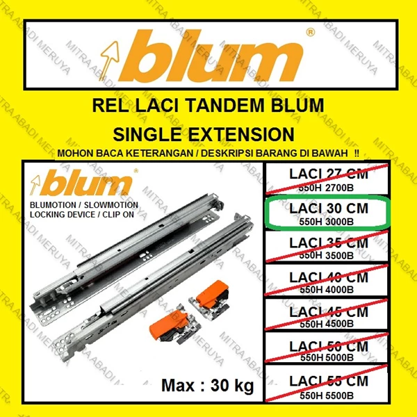 Rel Tandem BLUM 30 cm Single Extension Rel Laci BLUM Rel BLUM Fitting dan Hardware Perabotan
