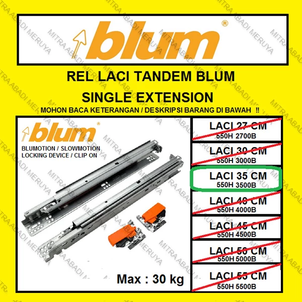 Rel Tandem BLUM 35 cm Single Extension Rel Laci BLUM Rel BLUM Fitting dan Hardware Perabotan
