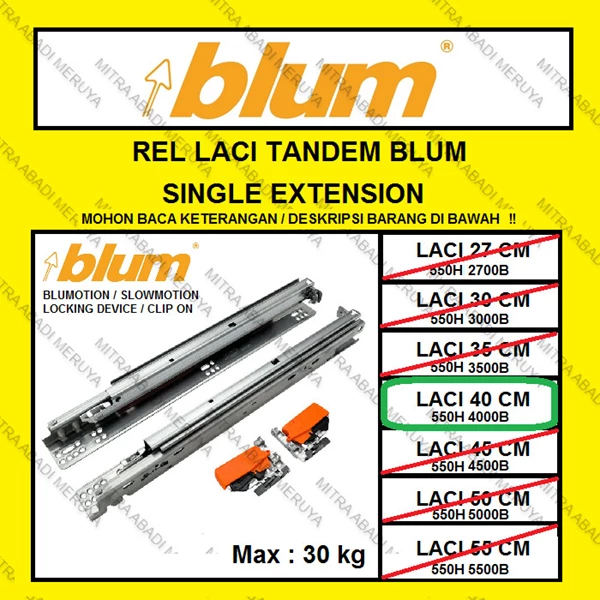 Rel Tandem BLUM 40 cm Single Extension Rel Laci BLUM Rel BLUM Fitting dan Hardware Perabotan