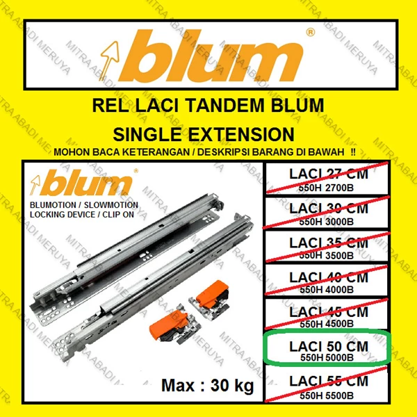 Rel Tandem BLUM 50 cm Single Extension Rel Laci BLUM Rel BLUM Fitting dan Hardware Perabotan