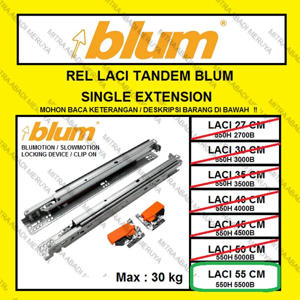 Rel Tandem BLUM 55 cm Single Extension Rel Laci BLUM Rel BLUM Fitting dan Hardware Perabotan