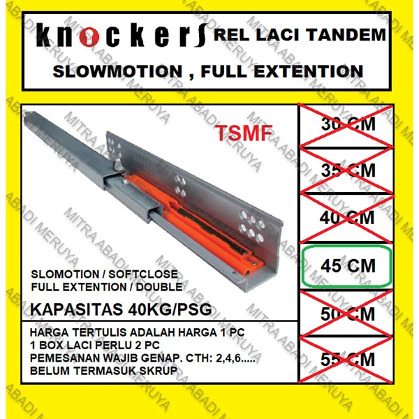 Rel Laci Tandem KNOCKERS TSMF 45 Rel Tandem Full Extension Fitting dan Hardware Perabotan