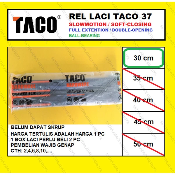 Rel Laci Slowmotion TACO 37mm - 30cm Rel Laci Dobel Full Extension Fitting dan Hardware Perabotan