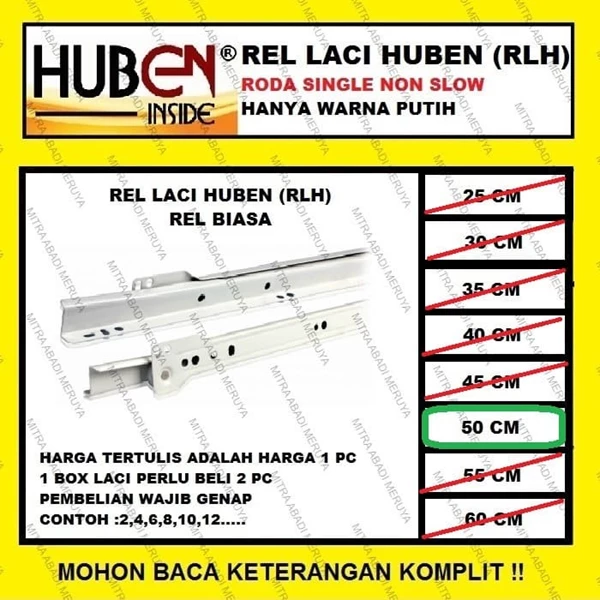 Rel Laci HUBEN 50 cm Putih Drawer Cabinet Slide HUBEN RLH Fitting dan Hardware Perabotan