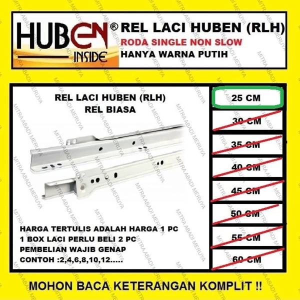Rel Laci HUBEN 25 cm Putih Drawer Cabinet Slide HUBEN RLH Fitting dan Hardware Perabotan