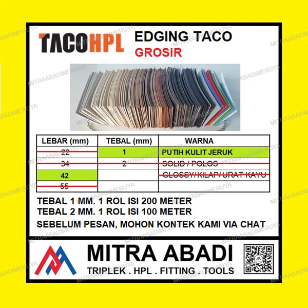 GROSIR Edging TACO HPL 42/1 mm Putih Kulit Jeruk Fitting dan Hardware Perabotan